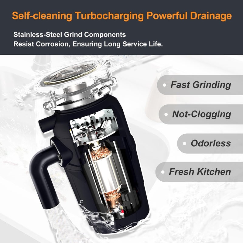 Garbage Disposal 3/4 HP for Kitchen sink Quiet with Power Cord, Easy install, Food Waste Disposer Stainless Steel Grind 0.75 Horsepower (A600) - Image 3